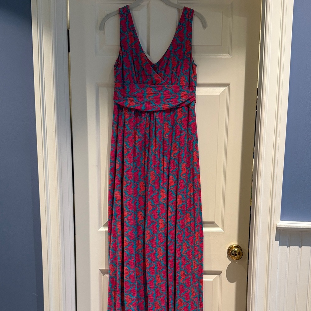 Lilly Pulitzer Sleeveless V-Neck Maxi Dress in Fuchsia and Teal seahorse print